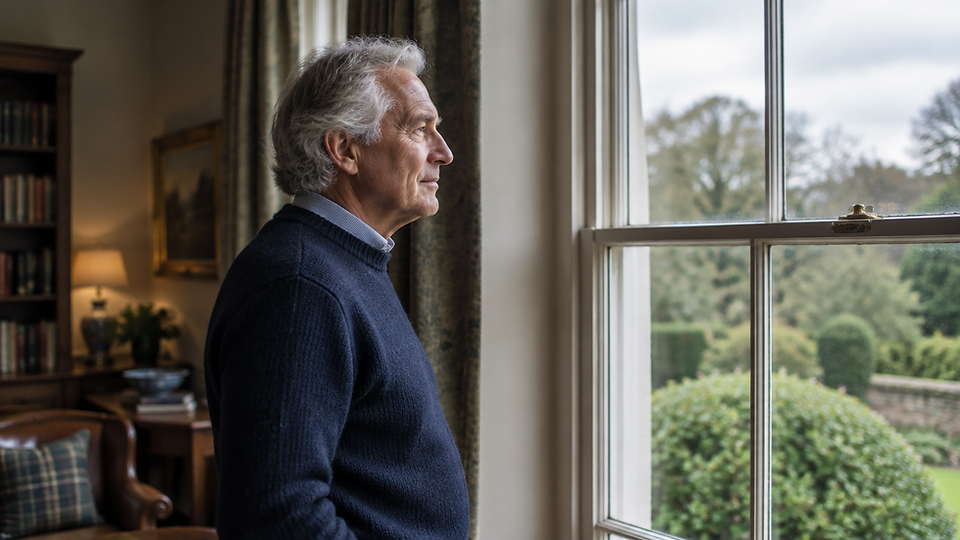 A British man in his late sixties looking out of the window of his home in soft daylight